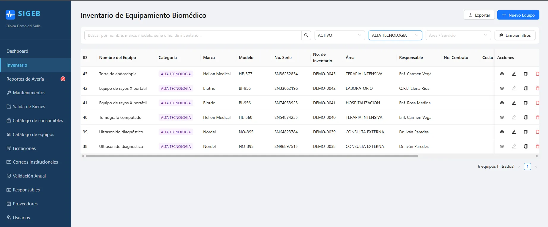 Inventario de equipos filtrado por categoría, con datos de demostración